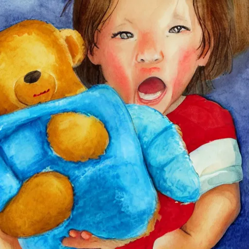 Image similar to little kid with red shirt in his room holding teddy bear in style ofwater colors illustration