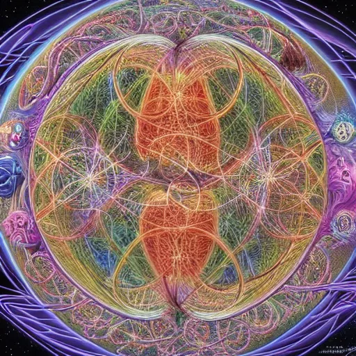 Image similar to map of the multiverse, painting by Alex Grey and Hajime Sorayama