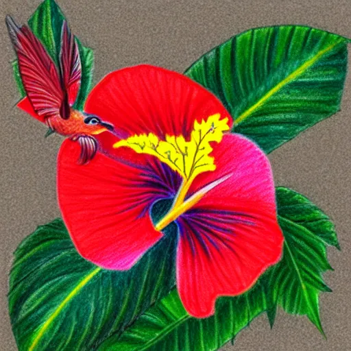 Image similar to kolibri illustration, crayon style, colorful, leaves, hibiscus flower, within a circle with good contrast to the kolibri, tips of wings breaking out of circle boundary, hidden text within outlines saying K.O.L.I.B.R.I