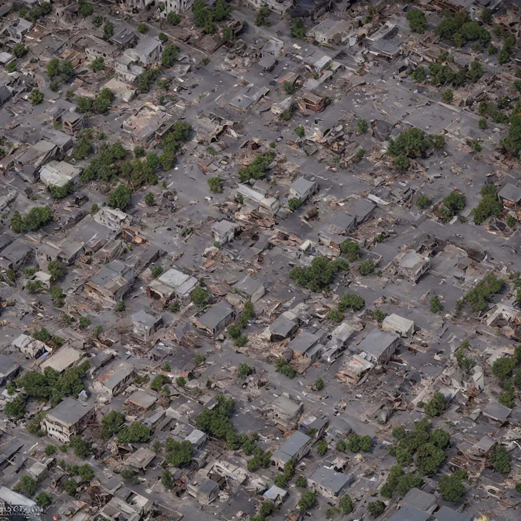 Image similar to top down aerial view of dilapidated city center in real life, desolate with zombies, dilapidated, zombies in the streets, nightmarish, some rusted style parked vehicles, sunny weather, few clouds, volumetric lighting, photorealistic, daytime, autumn, sharp focus, ultra detailed, cgsociety