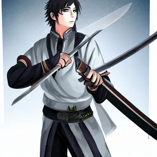 Image similar to anime swordsman, male, fantasy, battlefield,