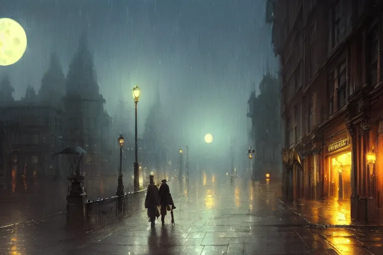 Prompt: a shadow in the sky above a victorian city, scene in a rainy night. full moon, 1 8 9 0, key visual, conceptart, ambient lighting, highly detailed, digital painting, artstation, concept art, sharp focus, by makoto shinkai and akihiko yoshida and greg manchess