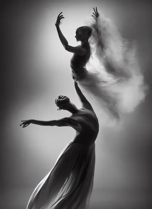 Prompt: a photorealistic dramatic hyperrealistic render photography of a glamorous beautiful female dancer by ken brower and deborah ory of nyc dance project, lois greenfield, flowing cloth and smoke, beautiful dynamic dramatic dark moody lighting, beautiful intricate face, volumetric, shadows, artgerm, alphonse mucha, cinematic atmosphere, octane render, 8 k