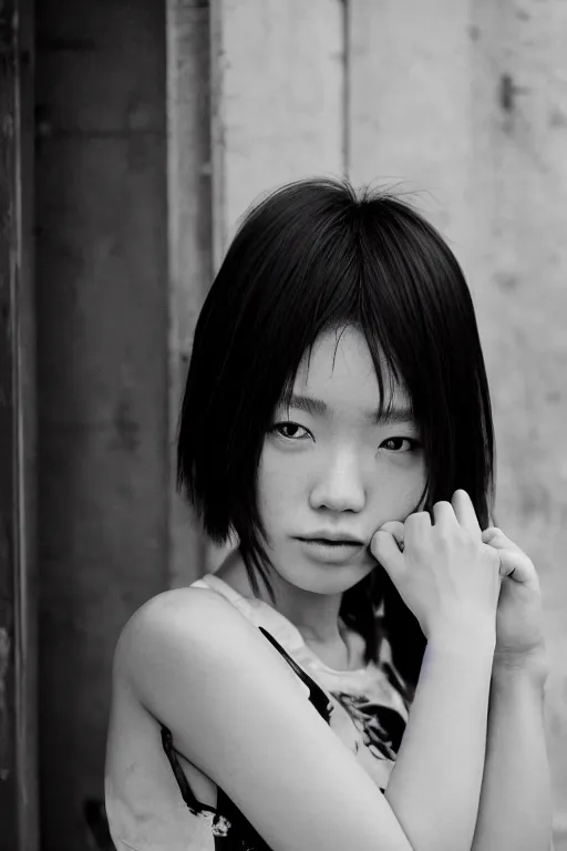 Image similar to a beautiful gorgeous Japanese edgy model girl with short hair, she's sad, sunset, street of Hong Kong, 80mm lens, 1.2 aperture, grainy image, close up, cinematic light, very detailed, depressing atmosphere, cover magazine