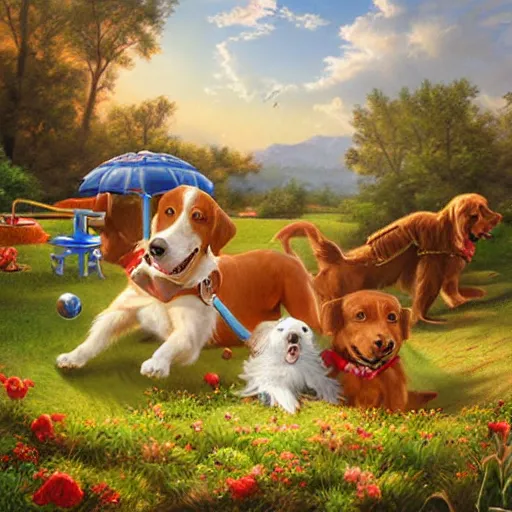 Prompt: a whimsical illustration of a dog park, by Peter Mohrbach and Mark Keathley