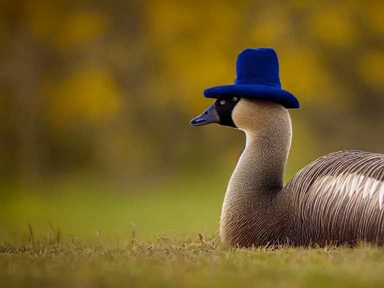 Image similar to Canadian Goose with a funny hat, Portrait Photo, Photorealistic, 100mm lens, Nat Geo Award Winner, 8k, UHD, (((((bokeh)))))