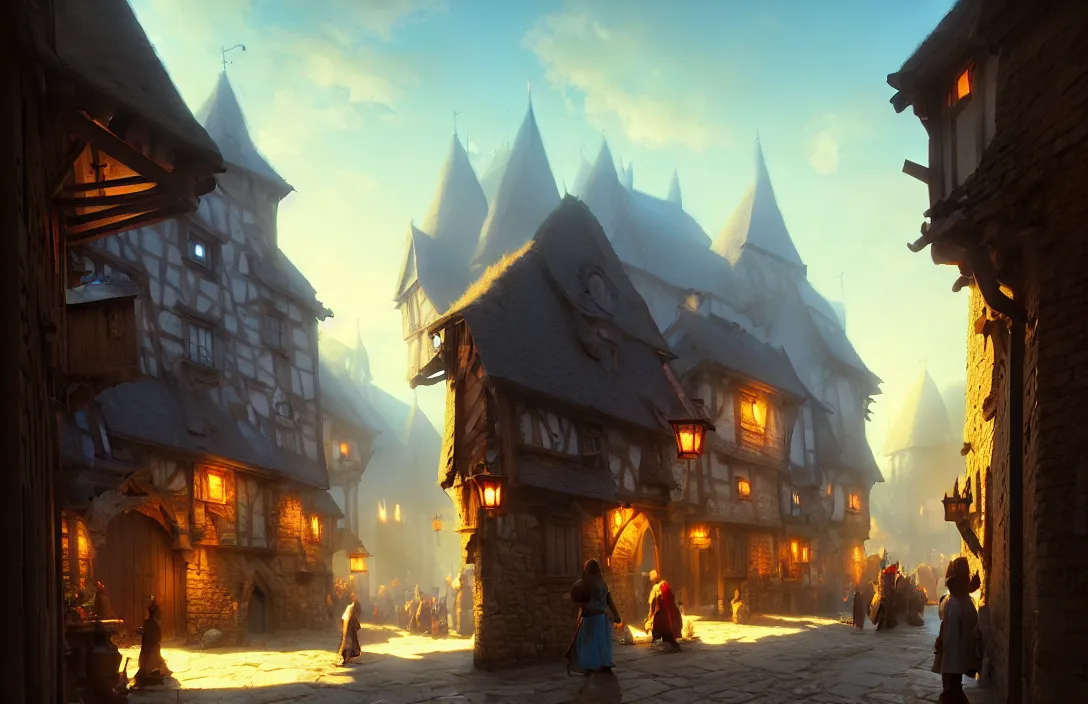 Prompt: medieval village street scene, blue sky, fantasy, concept art, low angle, highly detailed, warm lighting, volumetric, godrays, vivid, trending on artstation, by jordan grimmer, greg rutkowski