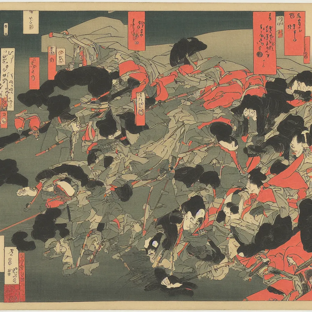 Prompt: Robots fighting in front of Mt Fuji, cherry blossoms, Ukiyo-e by Utagawa Kuniyoshi