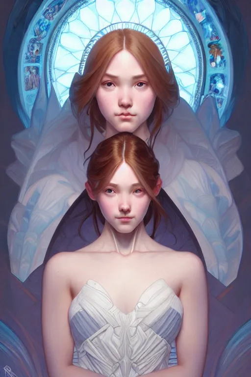 Image similar to symmetry!!!! intensely intricate fanart of full frontal pose of a young teen ice princess, protagonist, intricate, elegant, highly detailed, my rendition, digital painting, artstation, concept art, smooth, sharp focus, illustration, art by artgerm and greg rutkowski and alphonse mucha