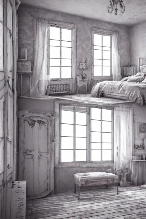 Image similar to matte sharp photo realistic shabby chic room with windows, artstation behance