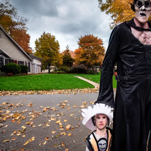 Image similar to willem dafoe trick or treating on halloween, ( sony a 7 r iv, symmetric balance, polarizing filter, photolab, lightroom, 4 k, dolby vision, photography awardm, voque, perfect face )