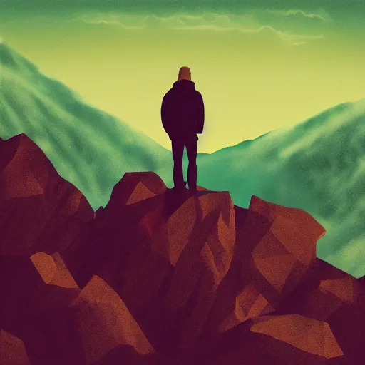 Image similar to man standing up in the mountains, album cover design illustration digital art