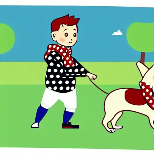 Image similar to illustration of french boy in paris playing football against a corgi, the corgi is wearing a polka dot scarf