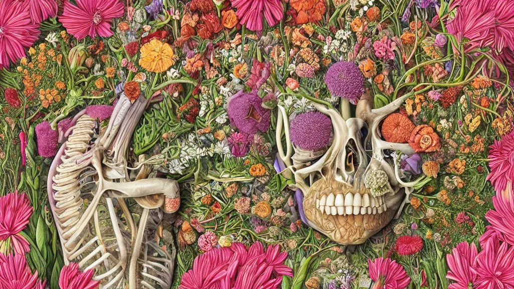 Image similar to highly detailed illustration of a human anatomy body exploded by all the known species of flowers by oliver vernon, by juan gatti