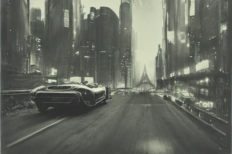 Image similar to cyberpunk 1 9 2 6 bugatti type 3 5 by paul lehr, metropolis, view over city, vintage film photo, damaged photo, scratched photo, scanned in, old photobook, silent movie, black and white photo