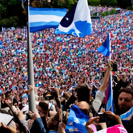 Image similar to Lady Gaga as president, Argentina presidential rally, Argentine flags behind, bokeh, giving a speech, detailed face, Argentina