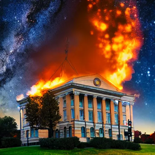 Image similar to courthouse on fire at night with the milky way in the sky, award winning photo, 8k hyperrealistic