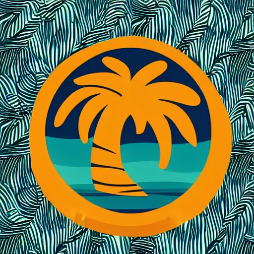 Prompt: waves in bottom front of a palm tree in front of a giant volleyball vector logo, professional sports style, flat colour, svg, professional, sharp edges