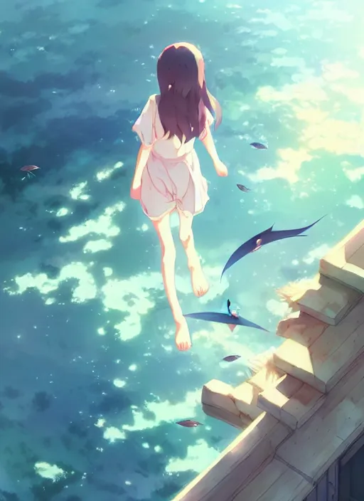 Prompt: girl in the home towards a fan, fishes flying around, illustration concept art anime key visual trending pixiv fanbox by wlop and greg rutkowski and makoto shinkai and studio ghibli