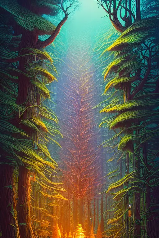 Prompt: fantasy forest. macro. dan mumford beeple. michael cheval. anato finnstark.