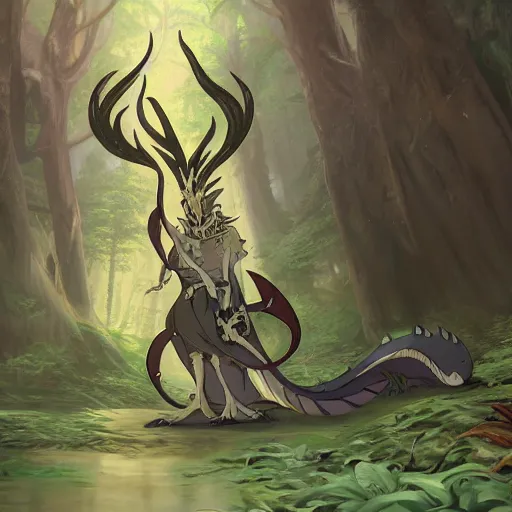 Prompt: concept art painting of an anthropomorphic dragon king with robes, a long dragon neck, and horned skull mask, in a deep forest, cel shaded, in the style of makoto shinkai and james gurney and studio ghibli and moebius