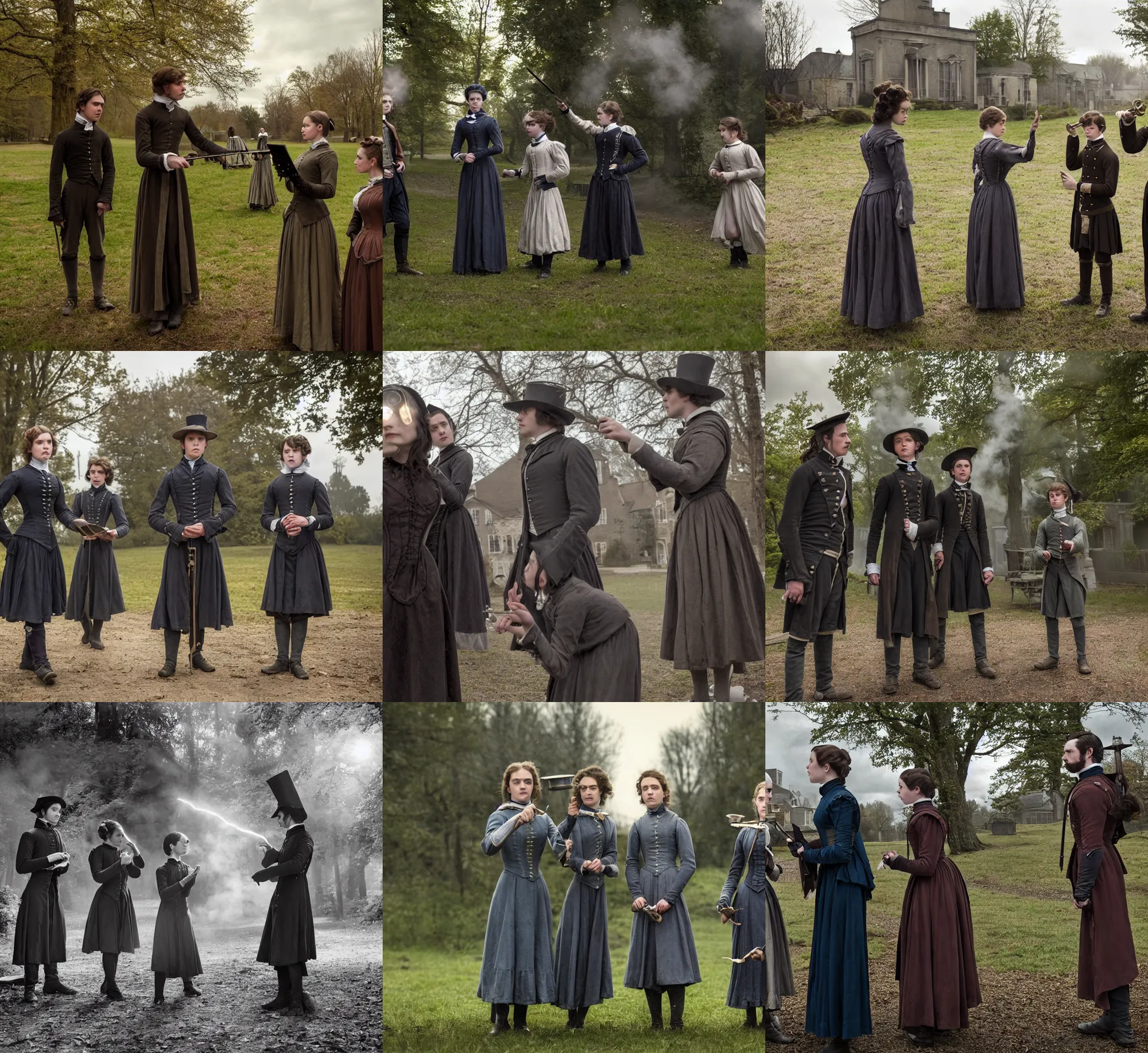 Prompt: sharp, detailed, film still from a 2 0 1 9 sci fi 8 k movie, set in 1 8 5 0 in an alternate universe, mid distant shot of three students practicing magic, outside the school of magic, wearing 1 8 5 0 s clothes, atmospheric lighting, in focus, reflective eyes, 7 0 mm macro lens, live action, good special effects, nice composition