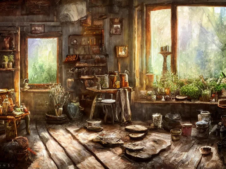 Image similar to expressive rustic oil painting, interior view of a cluttered herbalist cottage, waxy candles, wood furnishings, herbs hanging, light bloom, dust, ambient occlusion, rays of light coming through windows, dim lighting, brush strokes oil painting