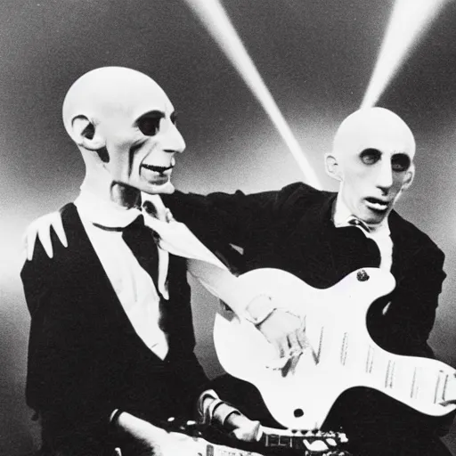 Image similar to count orlok playing guitar on stage next to robert fripp