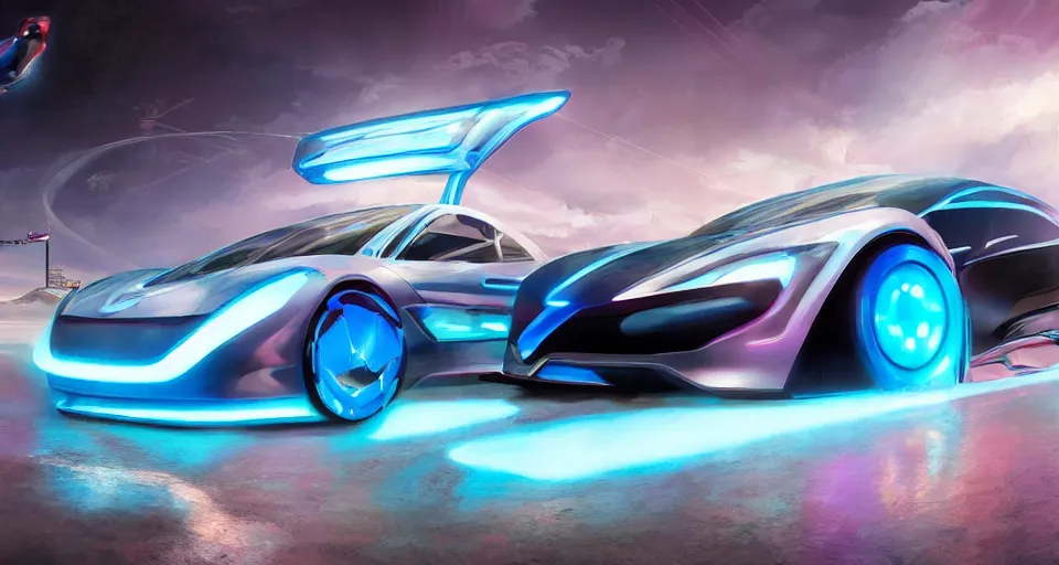 Image similar to dream tron tesla light cycle race, hot wheels, wipe out, hyper realistic, concept art, smooth, high contrast, volumetric lighting, octane, raytrace, syd mead, artgerm, jim lee,