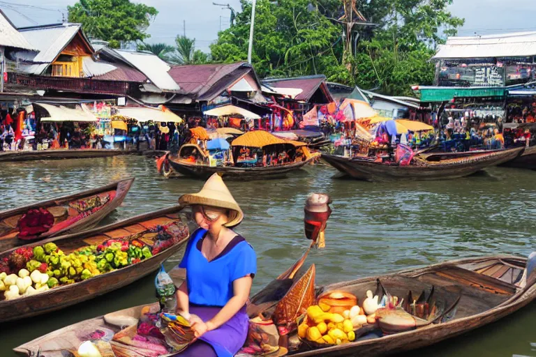 Image similar to At the buzzing floating market in Thailand, Artgerm