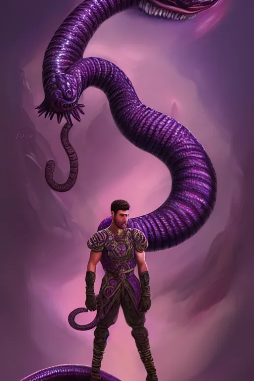 Image similar to male fighter in front of a giant purple worm, fantasy, intricate, elegant, highly detailed, digital painting, artstation, concept art, smooth, sharp focus, illustration, art by Jovan Delic