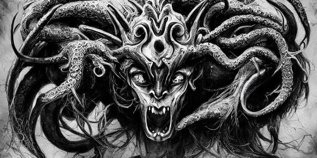 Prompt: highly detailed black and white photography of a demon face with pointed horns and tentacles, beautiful face, art by durero, illustration