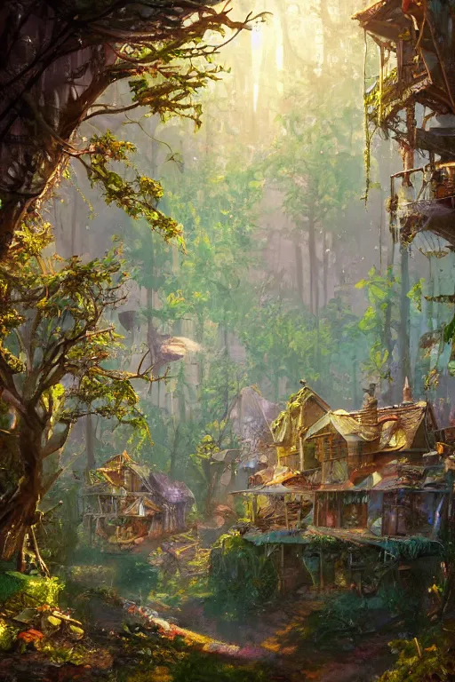 Image similar to a cheerful and whimsical ramshackle multistory hut in the woods, intricate, elegant, fantasy, highly detailed, digital painting, concept art, sharp focus, illustration, beautiful volumetric lighting, epic light, artstation, magic hour lighting, colorful, sunshine, springtime, art by Sylvain Sarrailh