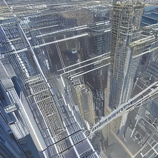 Prompt: scifi city birds eye view, one massive industrial skyscraper
