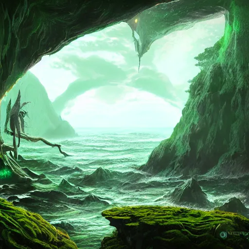 Image similar to a scary glowing green magical portal to another world in darwin's arch, ocean and rock landscape, d & d, fantasy, intricate, elegant, highly detailed, digital painting, artstation, concept art, matte, sharp focus, illustration, art by hayao miyazaki and hideo kojima