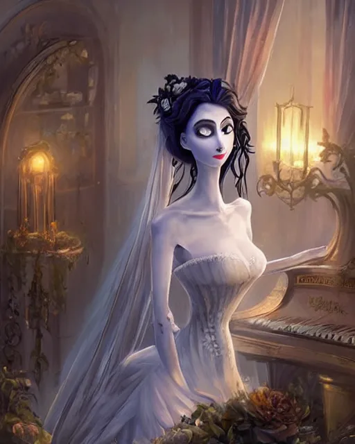Image similar to elegant mysterious gracious undead victoria everglot from the corpse bride, portrait, illustration, the land of the death, piano in victorian front hall scene, rim light, top light, summer clear blue sky, perfectly shaded, soft painting, art by krenz cushart and wenjun lin