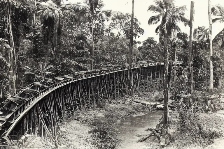 Prompt: a 1 9 0 5 colonial closeup photograph of a rollercoaster in a village at the river bank of congo, thick jungle, wide angle shot