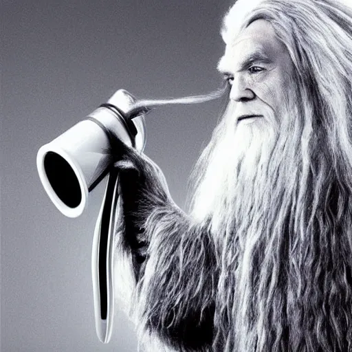 Image similar to gandalf as chewbacca, shampoo hair dryer, hair dryer advertisement