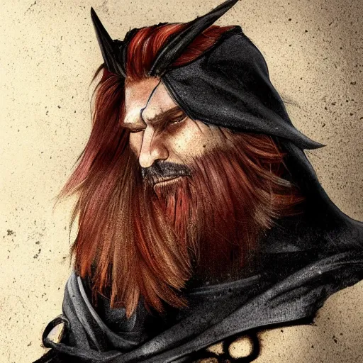 Prompt: A man with red hair parted in the middle in a surfer's cut, straight hair down to the ear. His left eye has three diagonal wounds, but the eye is open. He wears a black cloak with a collar. painted fantasy character portrait, head shot, concept art, sharp focus, highly detailed, illustration, trending on artstation, art by greg rutkowski