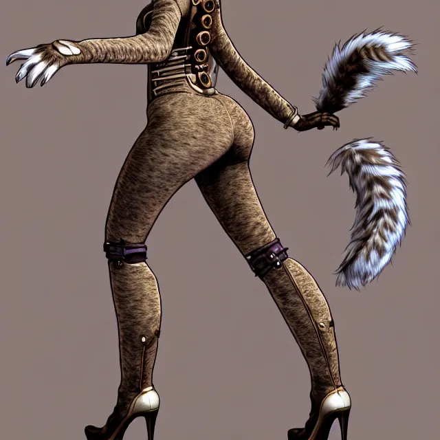 Prompt: the full body of anthropomorphic lynx fursona from behind wearing a steampunk suit as unimaginably beautiful, gorgeous, elegant, young woman with lynx head and paw pads, an ultrafine hyperdetailed illustration by furaffinity, intricate linework, white fur, unreal engine 5 highly rendered, global illumination, radiant light, detailed and intricate environment