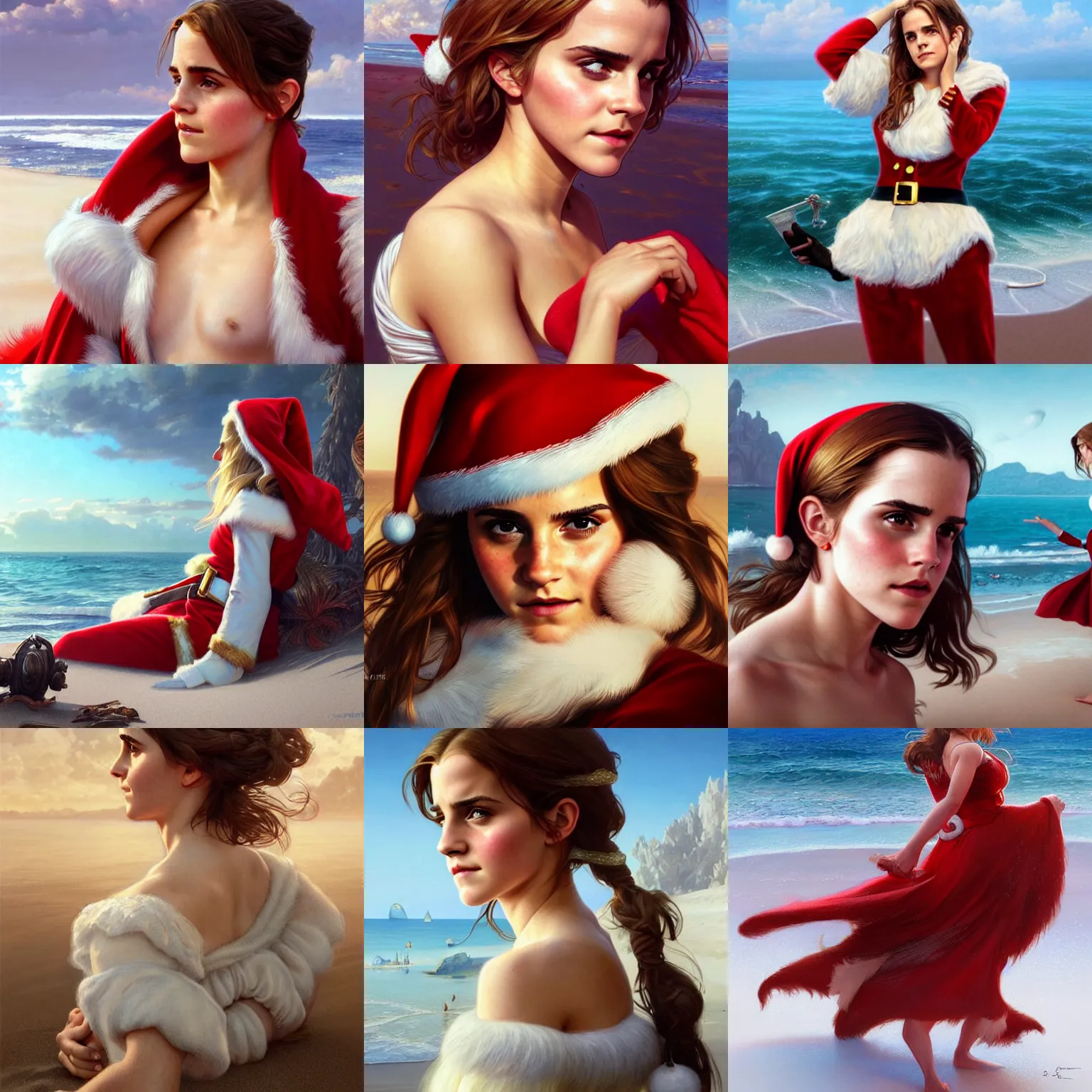 Prompt: ultra realistic illustration, wide angle, emma watson in santa claus suit on the beach, intricate, elegant, highly detailed, digital painting, artstation, concept art, smooth, sharp focus, illustration, art by artgerm and greg rutkowski and alphonse mucha