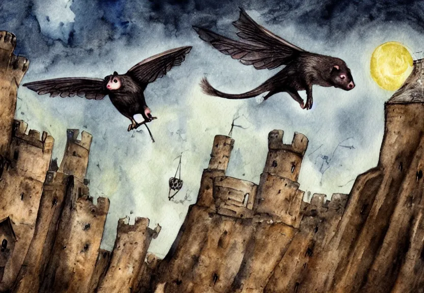 Prompt: winged possum flying over a medieval castle under a dark starred sky, dark fantasy, watercolor, dreaming illusion, highly detailed, 4k, trending on Artstation, award-winning