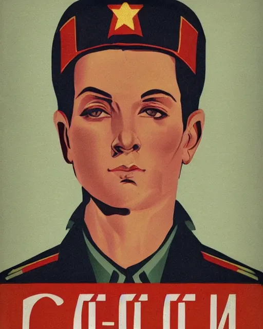 Prompt: androgynous transmasc model in soviet uniform, soviet propaganda poster design, cccp, soviet union propaganda