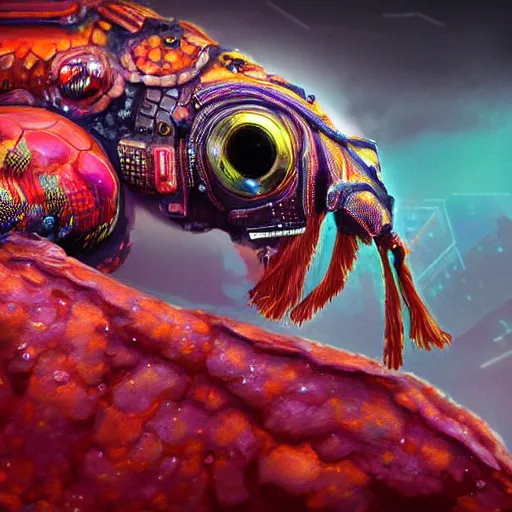 Image similar to ultra realist and ultra intricate detailed soft painting of a sci fi mantis shrimp, from the waist up, sci-fi helmet, symmetry features, sensual gloomy style, volumetric clouds, cyberpunk burning building background, artstation, unreal render, depth of field