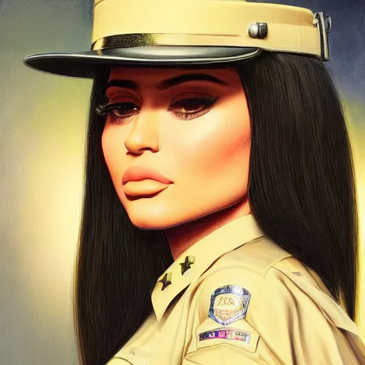 Image similar to kylie jenner as a cop, portrait face and bust in view, haunted house interior, pretty, aesthetic, mystery detailed photo, DeviantArt, Artstation, by donato giancola, ralph horley, loish, chromatic lighting