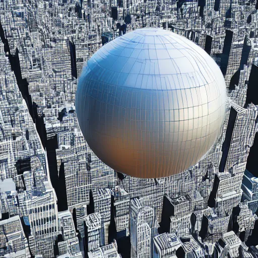 Prompt: isometric view of giant half sphere that is a chunk of a New York neighborhood, floating in the sky, pipes and underground subway station on lower part of the sphere, 3d rendering, f8 aperture