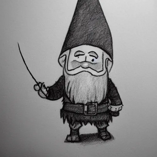 Image similar to poorly drawn pencil sketch of a gnome dressed in leather holding a slingshot and with a determined look.