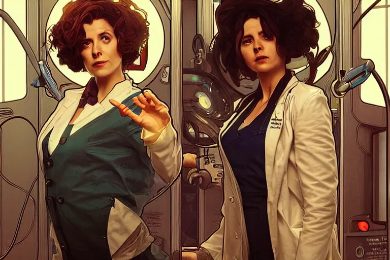 Image similar to doctor who, woman as a mad dentist in the tardis, art by artgerm and greg rutkowski and alphonse mucha