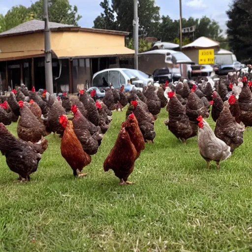 Image similar to an army of chickens with helmets marching with their guns