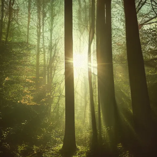 Image similar to atmospheric Polaroid photograph of a forest, sun shining through the leaves